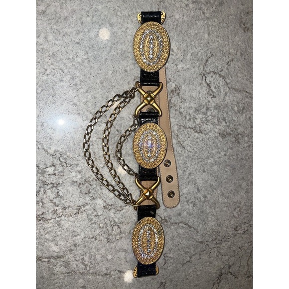 Vtg Streets Ahead Rhinestone Leather Belt Gold Medallion Chain